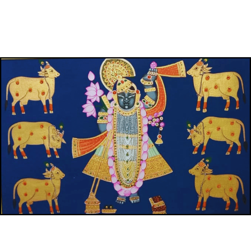 Shrinathji Pichwai Painting – Handpainted Divine Artwork with Golden Cows